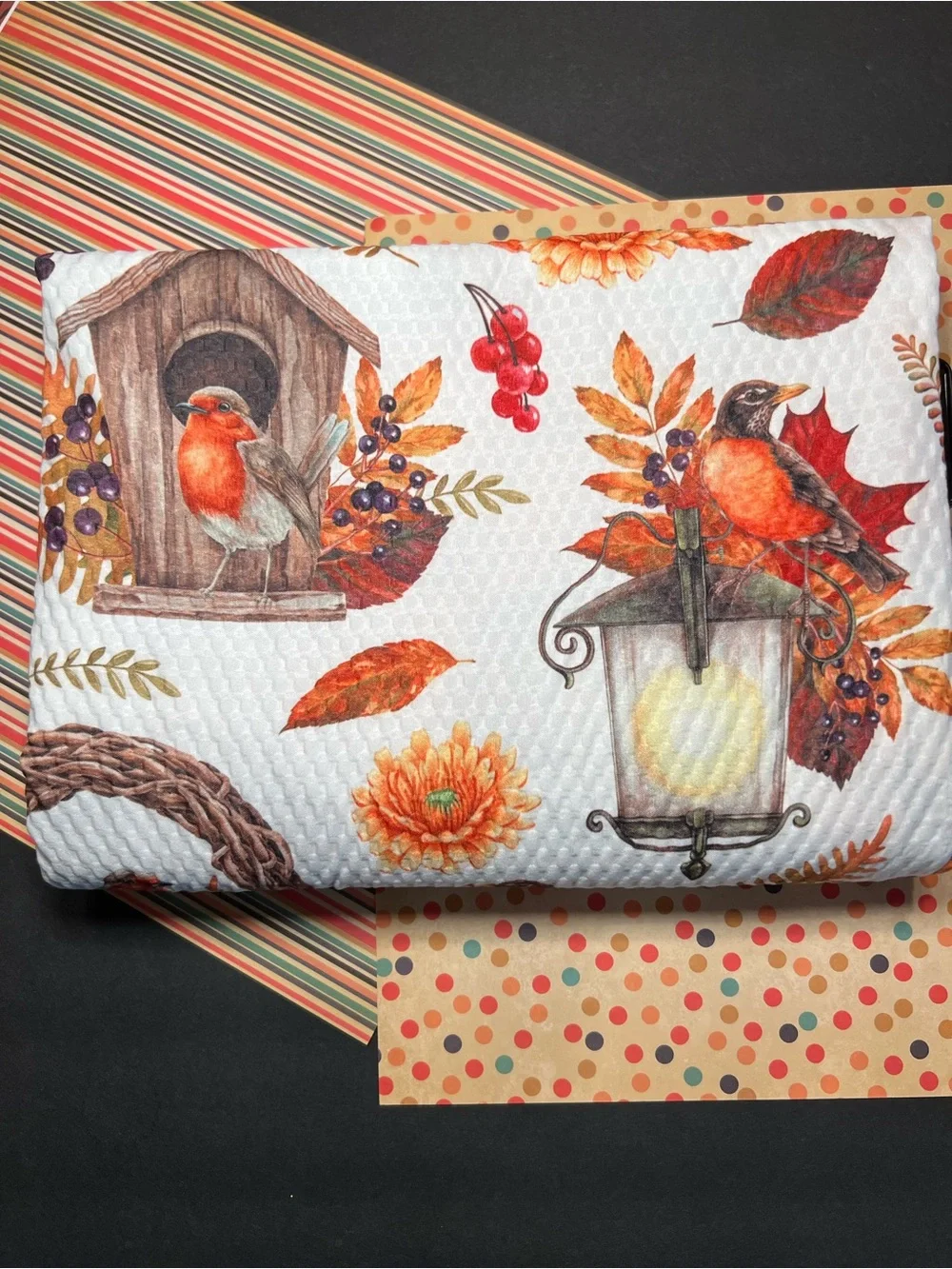 Autumn Birdhouse Textured Fabric Shower Curtain Birds Pumpkins Leaves Wreath